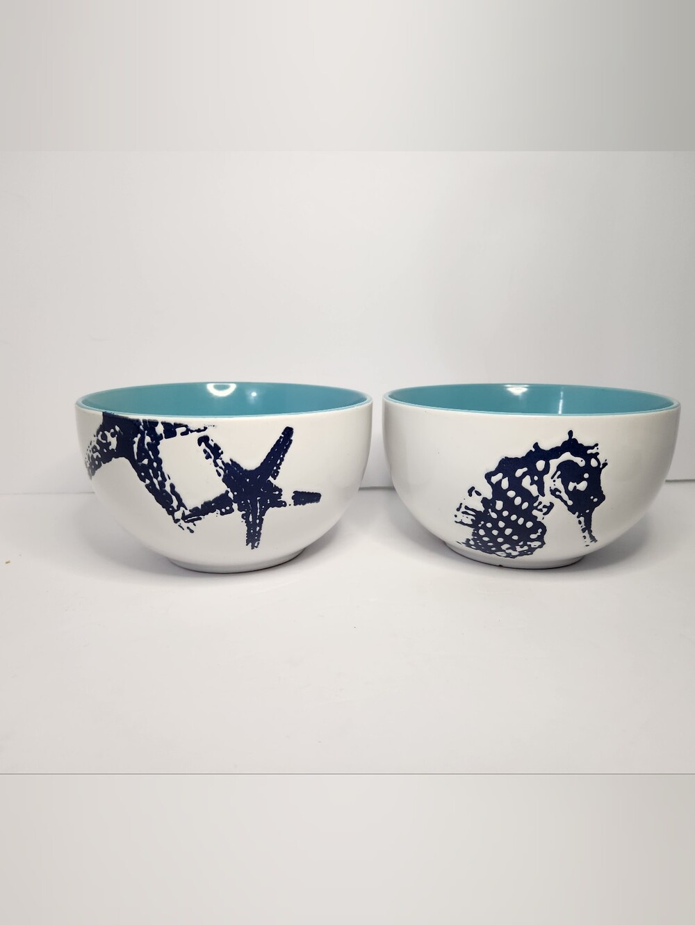 Coastal Ceramic Bowl Pair in White with Blue Interior
